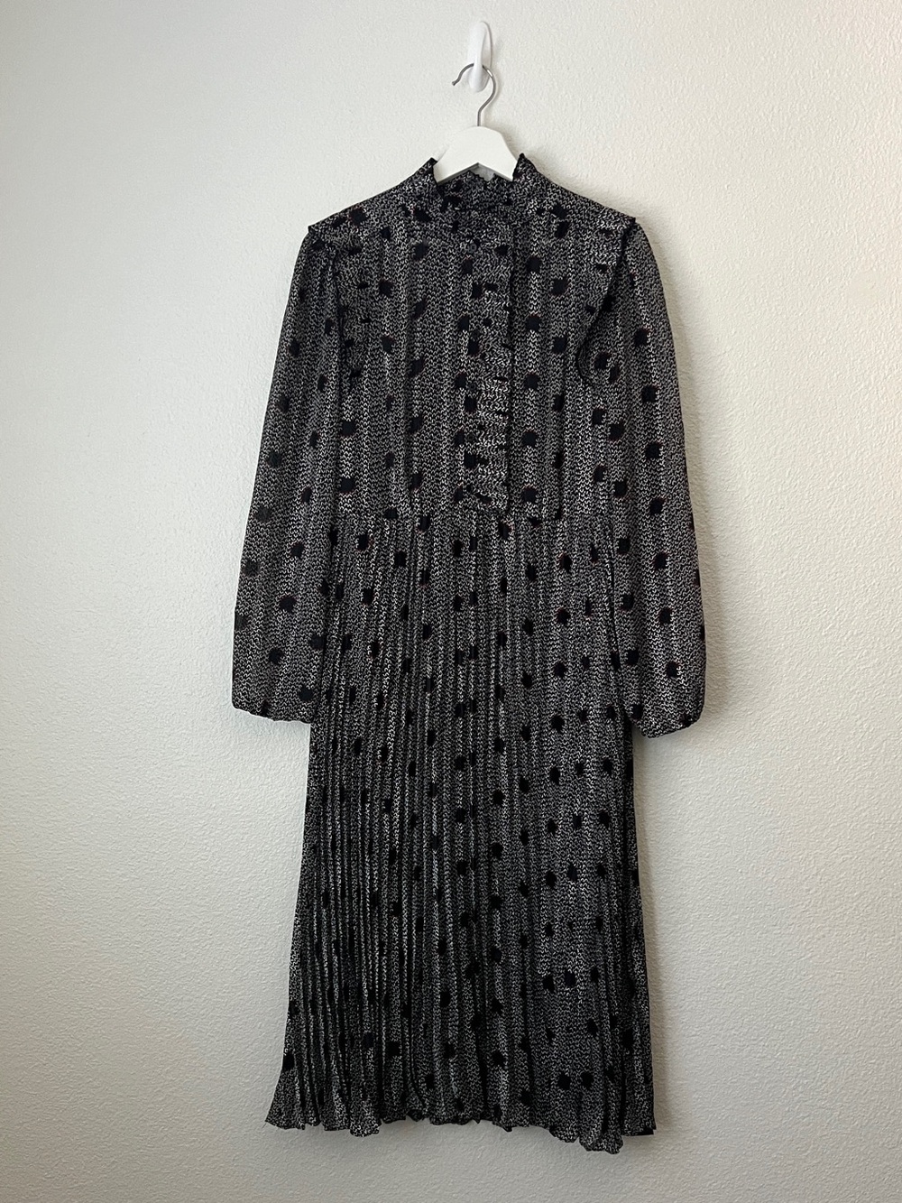 Ba&sh Pleated Midi Dress L Black White Metallic Print Ruffle Neck Long Sleeve